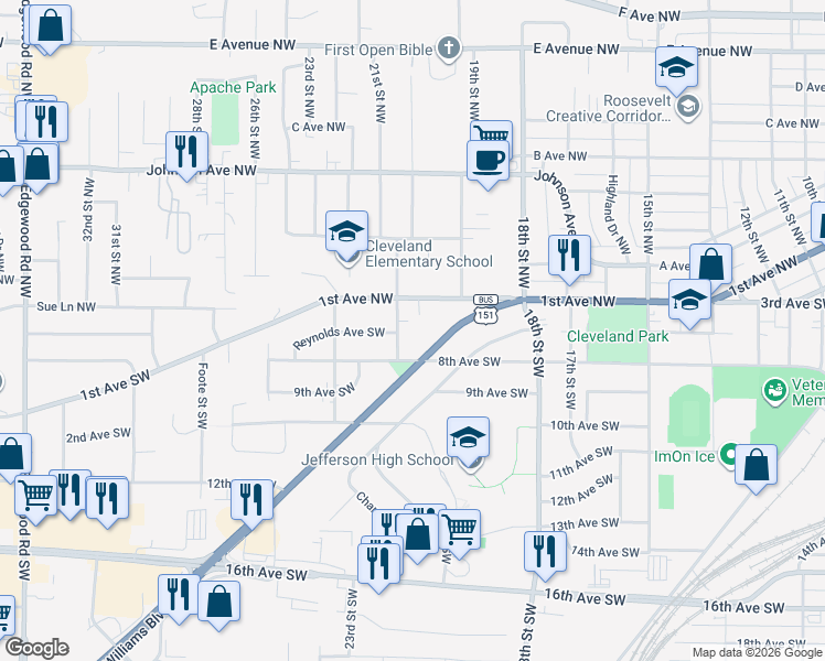 map of restaurants, bars, coffee shops, grocery stores, and more near 133 21st Street Northwest in Cedar Rapids