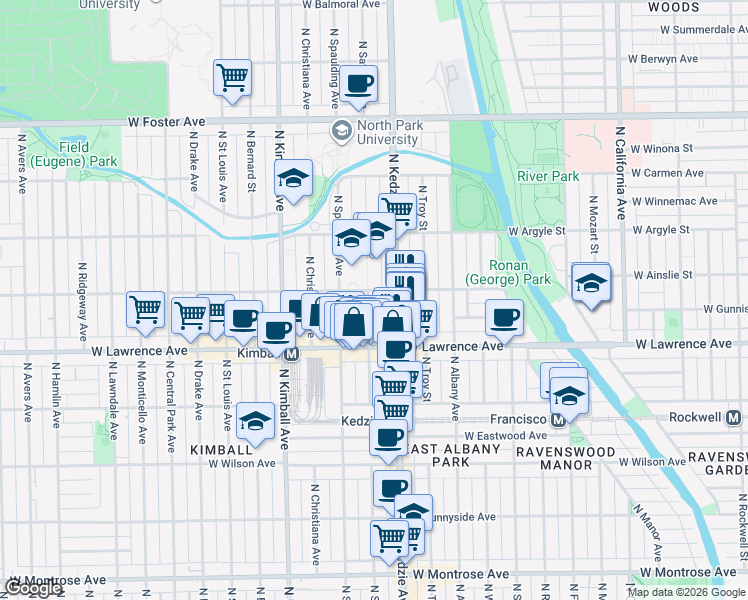 map of restaurants, bars, coffee shops, grocery stores, and more near 4851 North Sawyer Avenue in Chicago