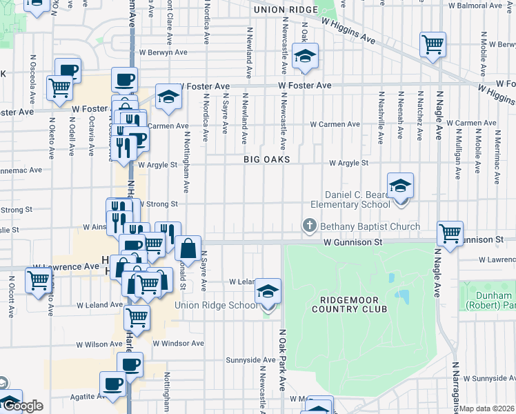 map of restaurants, bars, coffee shops, grocery stores, and more near 6833 West Strong Street in Chicago