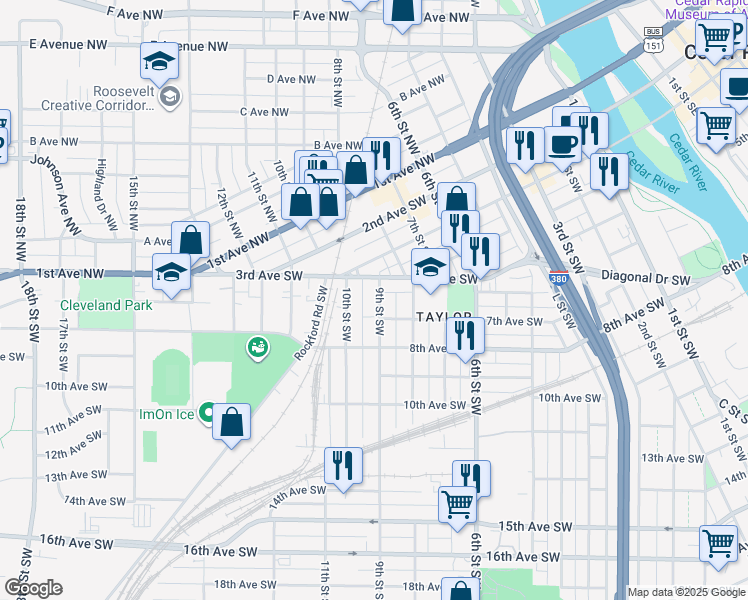map of restaurants, bars, coffee shops, grocery stores, and more near 522 9th Street Southwest in Cedar Rapids