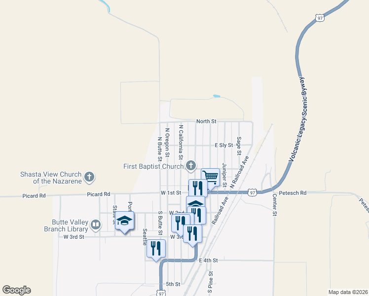 map of restaurants, bars, coffee shops, grocery stores, and more near 111 West Sly Street in Dorris