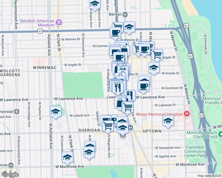 map of restaurants, bars, coffee shops, grocery stores, and more near 4832 North Broadway in Chicago