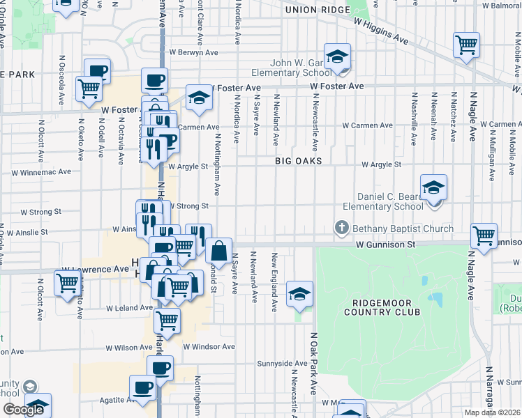 map of restaurants, bars, coffee shops, grocery stores, and more near 4855 North Sayre Avenue in Chicago