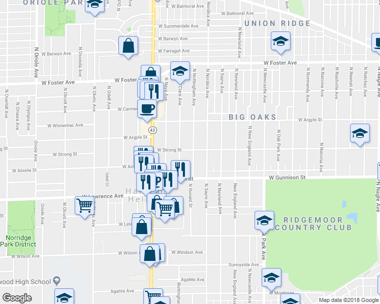map of restaurants, bars, coffee shops, grocery stores, and more near 4856 North Nottingham Avenue in Chicago