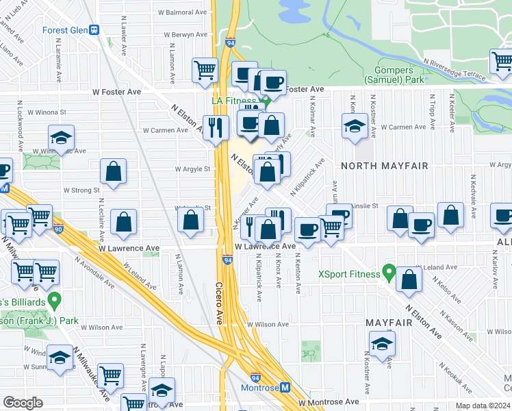 map of restaurants, bars, coffee shops, grocery stores, and more near 4909 North Kruger Avenue in Chicago
