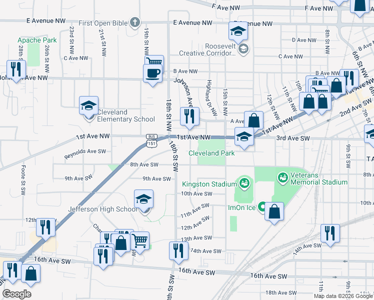 map of restaurants, bars, coffee shops, grocery stores, and more near 128 17th Street Southwest in Cedar Rapids