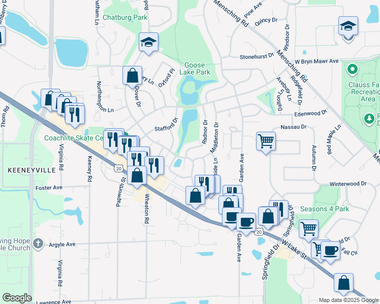 map of restaurants, bars, coffee shops, grocery stores, and more near 719 Radnor Drive in Roselle