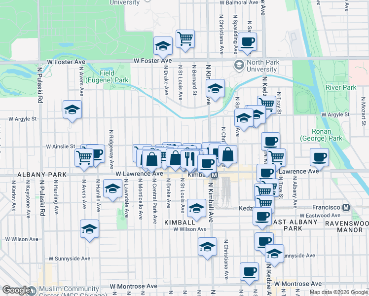map of restaurants, bars, coffee shops, grocery stores, and more near 4855 North Saint Louis Avenue in Chicago