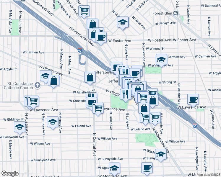map of restaurants, bars, coffee shops, grocery stores, and more near 5450 West Gale Street in Chicago