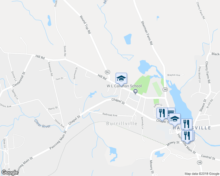 map of restaurants, bars, coffee shops, grocery stores, and more near 16 Granite Street in Burrillville