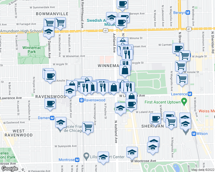map of restaurants, bars, coffee shops, grocery stores, and more near 4835 North Paulina Street in Chicago