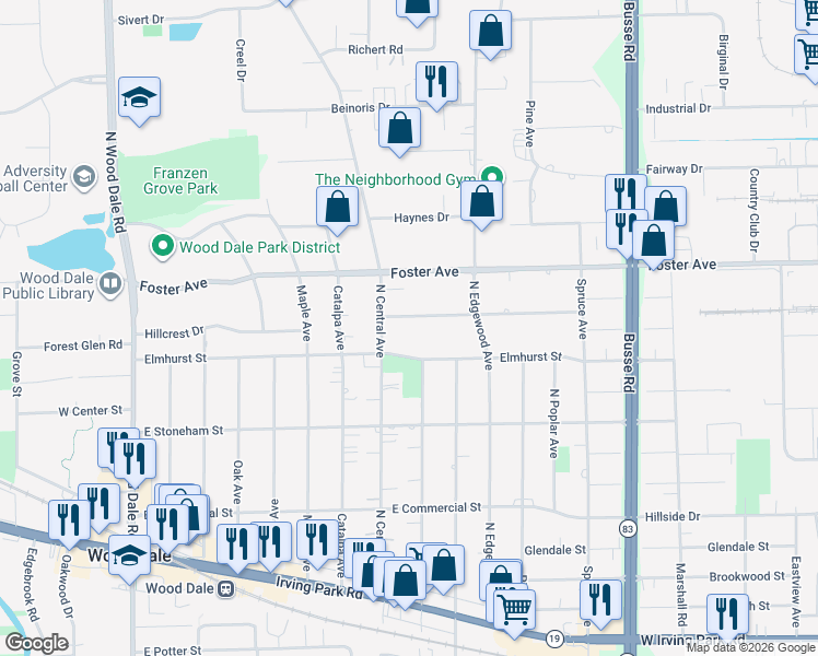 map of restaurants, bars, coffee shops, grocery stores, and more near 350 Itasca Street in Wood Dale