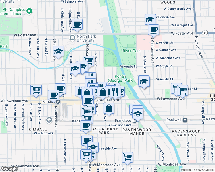 map of restaurants, bars, coffee shops, grocery stores, and more near 4849 North Albany Avenue in Chicago