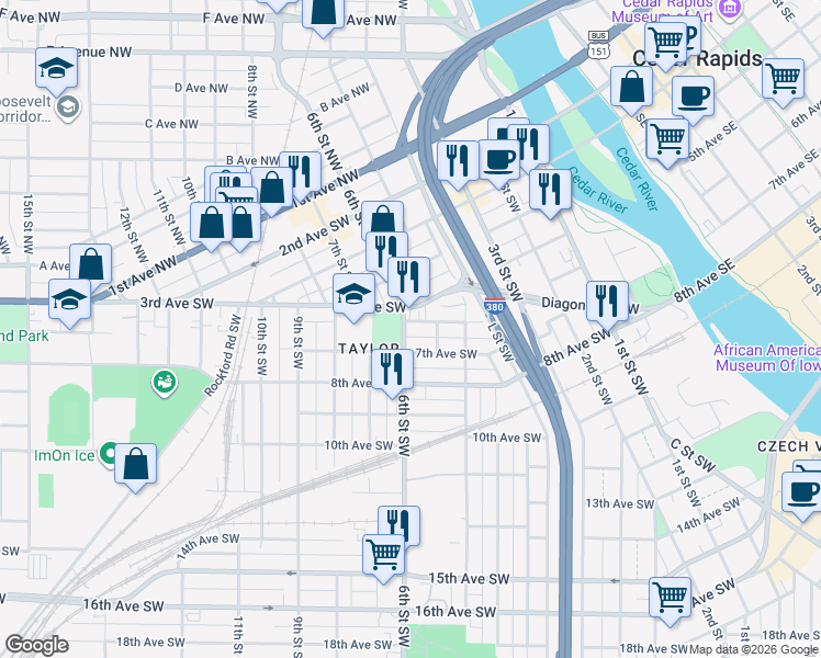 map of restaurants, bars, coffee shops, grocery stores, and more near 527 6th Avenue Southwest in Cedar Rapids