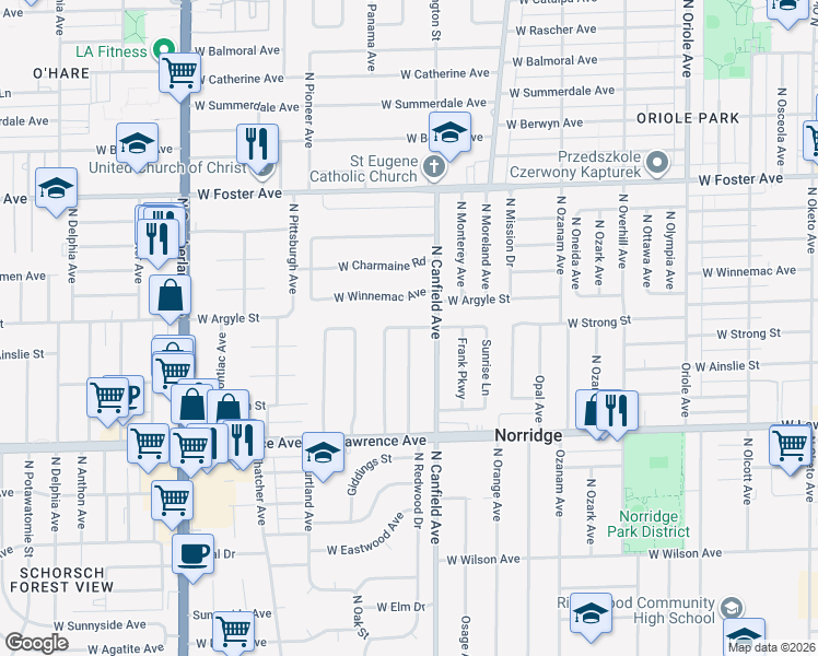 map of restaurants, bars, coffee shops, grocery stores, and more near 47011 North Redwood Drive in Norridge