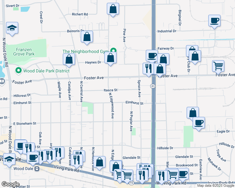 map of restaurants, bars, coffee shops, grocery stores, and more near 477 North Edgewood Avenue in Wood Dale