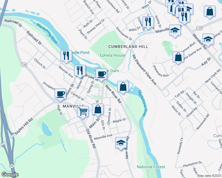 map of restaurants, bars, coffee shops, grocery stores, and more near 2 New River Road in Lincoln
