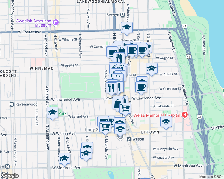 map of restaurants, bars, coffee shops, grocery stores, and more near 4832 North Broadway in Chicago