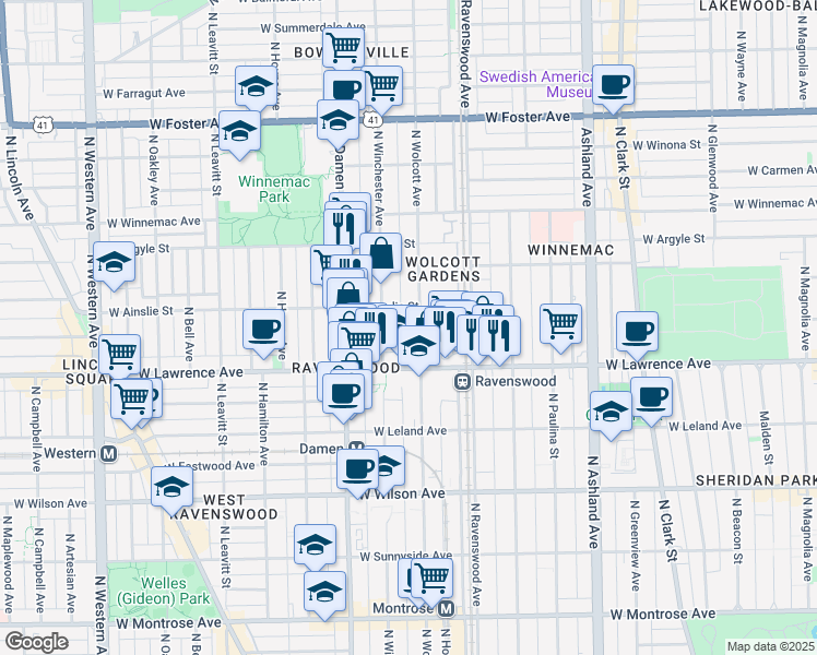 map of restaurants, bars, coffee shops, grocery stores, and more near 4838 North Wolcott Avenue in Chicago