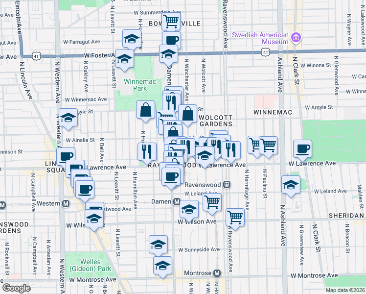map of restaurants, bars, coffee shops, grocery stores, and more near 4840 North Winchester Avenue in Chicago