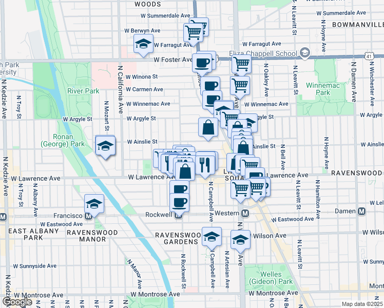 map of restaurants, bars, coffee shops, grocery stores, and more near 2540 West Gunnison Street in Chicago