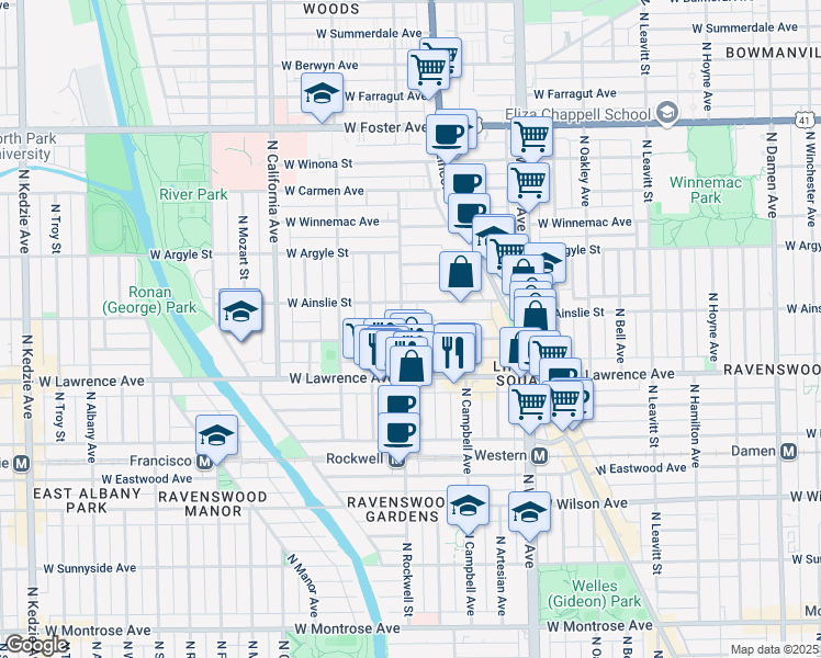 map of restaurants, bars, coffee shops, grocery stores, and more near 2540 West Gunnison Street in Chicago