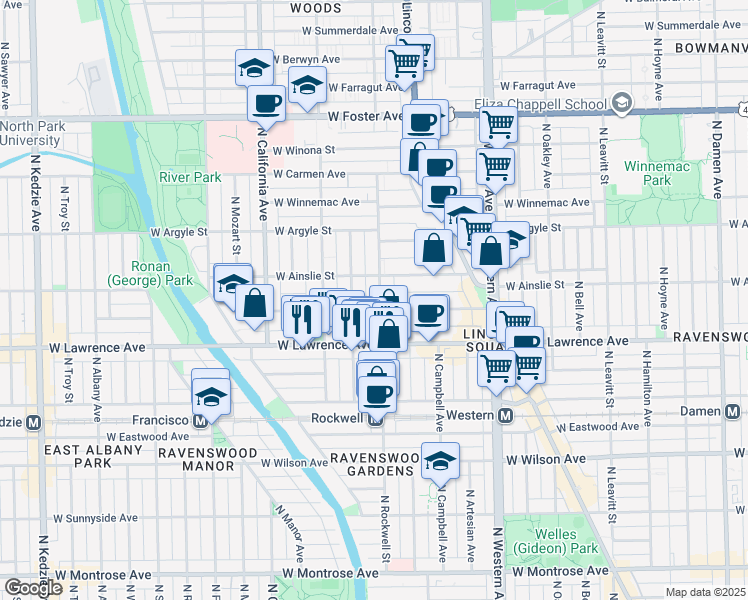 map of restaurants, bars, coffee shops, grocery stores, and more near 4851 North Talman Avenue in Chicago