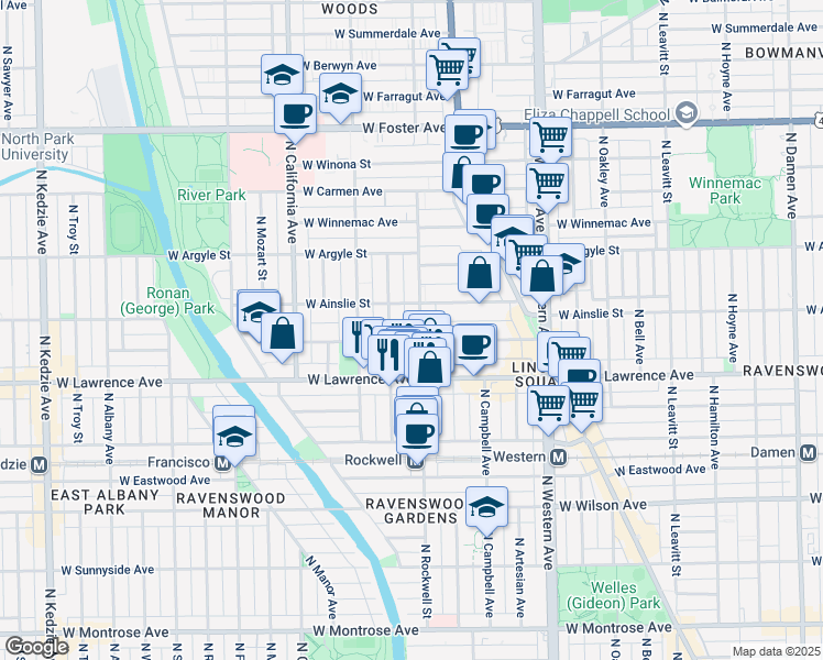 map of restaurants, bars, coffee shops, grocery stores, and more near 4851 North Talman Avenue in Chicago