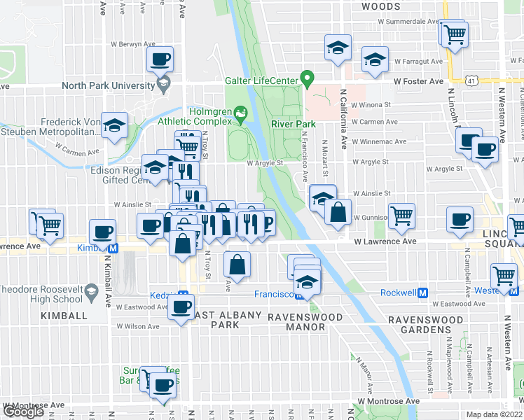 map of restaurants, bars, coffee shops, grocery stores, and more near 3004 West Ainslie Street in Chicago