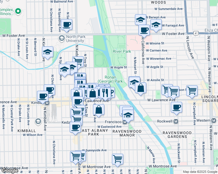 map of restaurants, bars, coffee shops, grocery stores, and more near 3004 West Ainslie Street in Chicago
