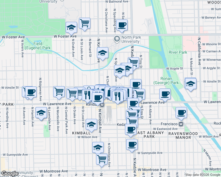 map of restaurants, bars, coffee shops, grocery stores, and more near 4856 North Christiana Avenue in Chicago