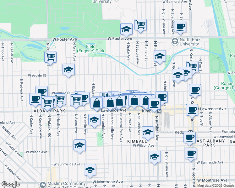 map of restaurants, bars, coffee shops, grocery stores, and more near 3601 West Ainslie Street in Chicago