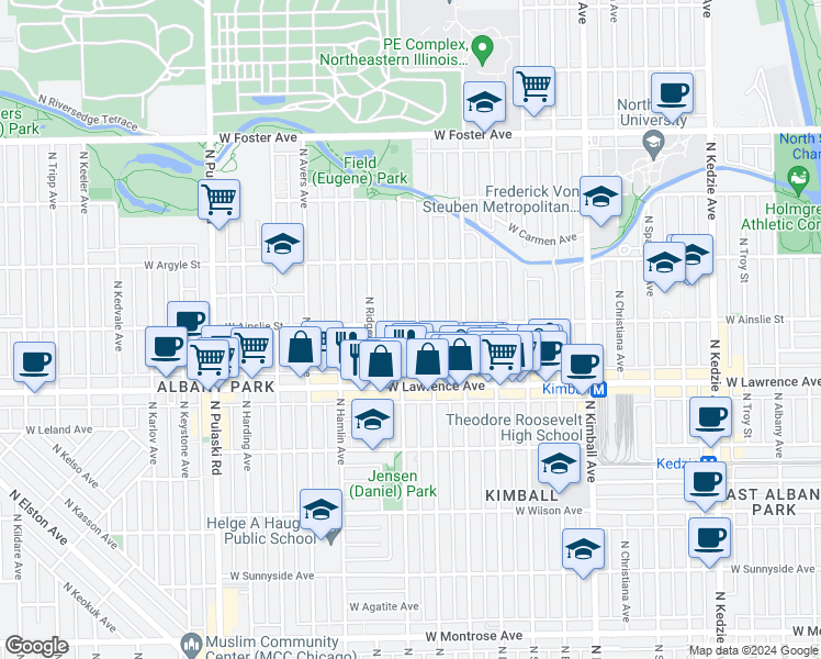 map of restaurants, bars, coffee shops, grocery stores, and more near 4858 North Monticello Avenue in Chicago