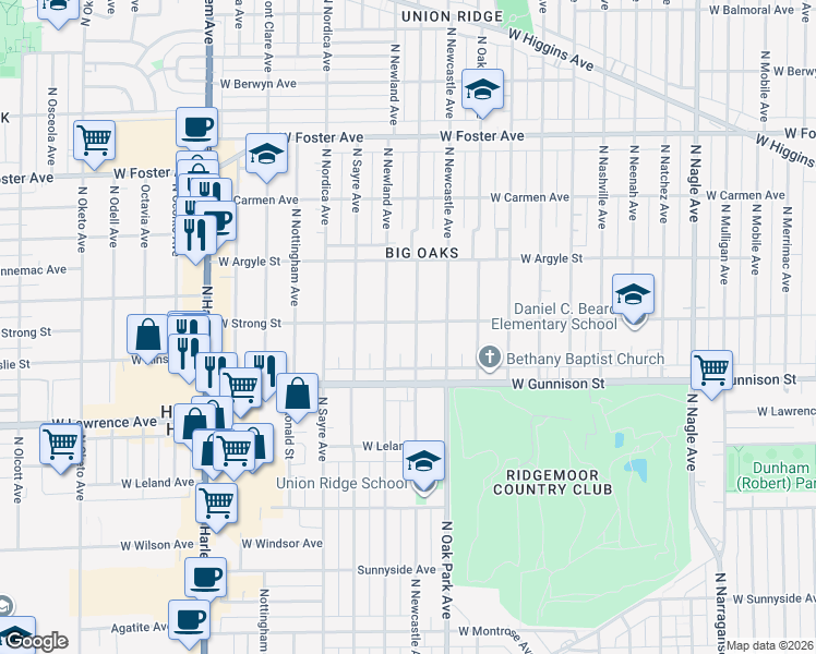 map of restaurants, bars, coffee shops, grocery stores, and more near 6833 West Strong Street in Chicago