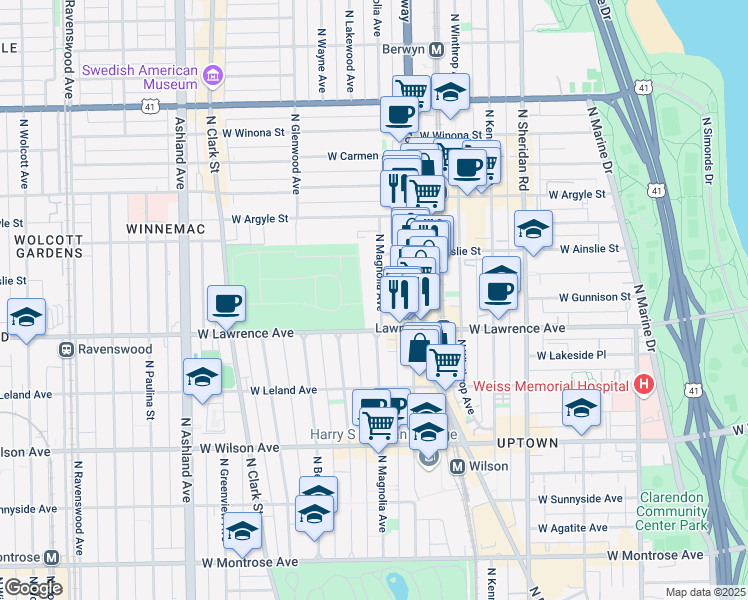map of restaurants, bars, coffee shops, grocery stores, and more near 4832 North Magnolia Avenue in Chicago