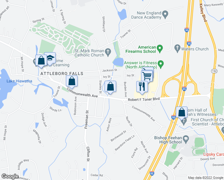 map of restaurants, bars, coffee shops, grocery stores, and more near 25 Maple Street in North Attleborough