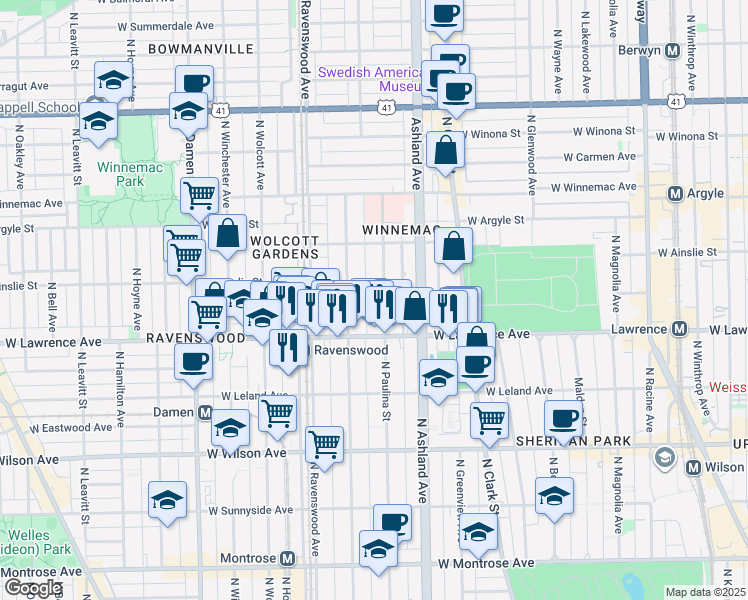 map of restaurants, bars, coffee shops, grocery stores, and more near 4836 North Paulina Street in Chicago