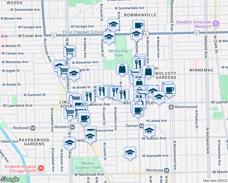 map of restaurants, bars, coffee shops, grocery stores, and more near 4843 North Hamilton Avenue in Chicago