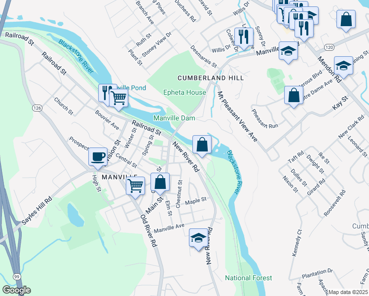 map of restaurants, bars, coffee shops, grocery stores, and more near 2 New River Road in Lincoln