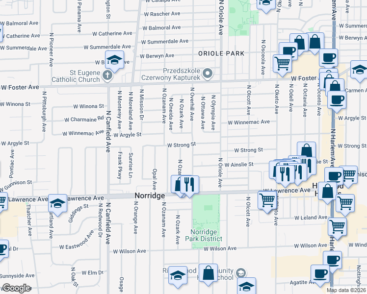 map of restaurants, bars, coffee shops, grocery stores, and more near 4945 North Ozark Avenue in Norridge