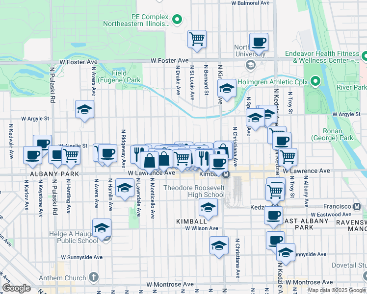 map of restaurants, bars, coffee shops, grocery stores, and more near 4855 North Drake Avenue in Chicago