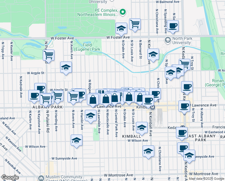 map of restaurants, bars, coffee shops, grocery stores, and more near 3601 West Ainslie Street in Chicago