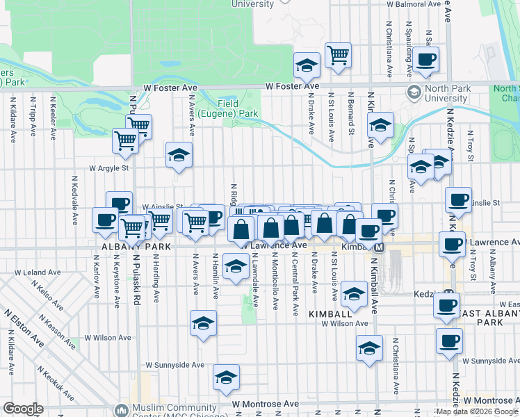 map of restaurants, bars, coffee shops, grocery stores, and more near 4858 North Monticello Avenue in Chicago