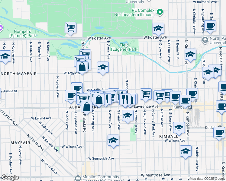map of restaurants, bars, coffee shops, grocery stores, and more near 3817 West Ainslie Street in Chicago