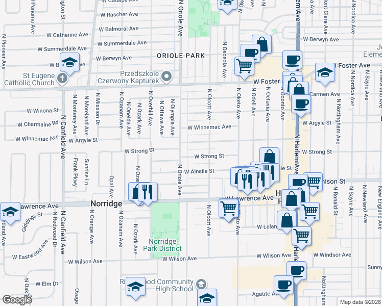 map of restaurants, bars, coffee shops, grocery stores, and more near 7536 West Strong Street in Harwood Heights