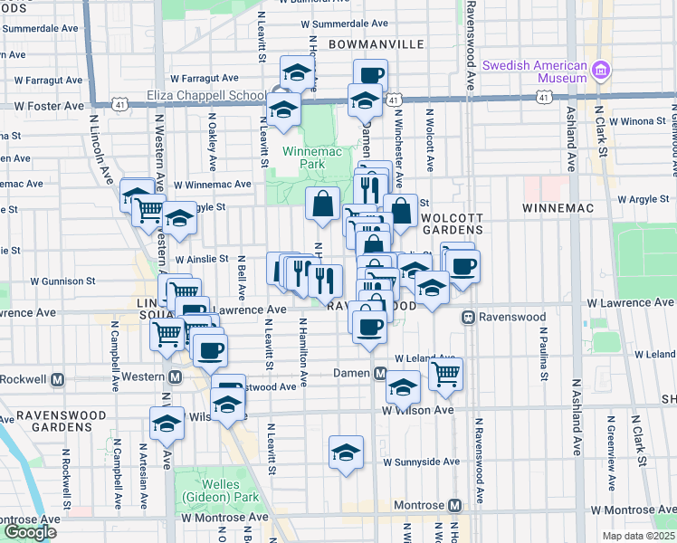 map of restaurants, bars, coffee shops, grocery stores, and more near 4842 North Seeley Avenue in Chicago