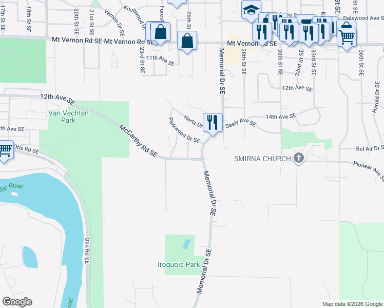map of restaurants, bars, coffee shops, grocery stores, and more near 1516 26th St SE in Cedar Rapids