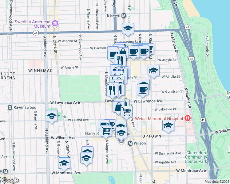 map of restaurants, bars, coffee shops, grocery stores, and more near 4832 North Broadway in Chicago