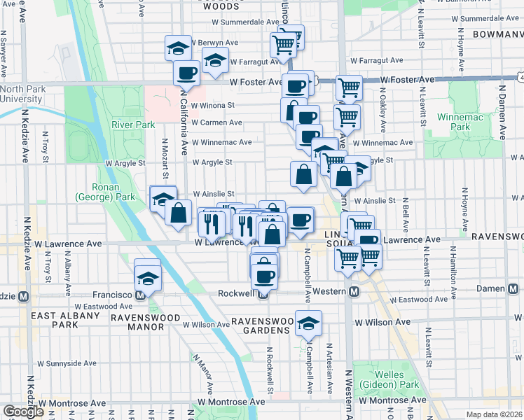 map of restaurants, bars, coffee shops, grocery stores, and more near 4851 North Talman Avenue in Chicago