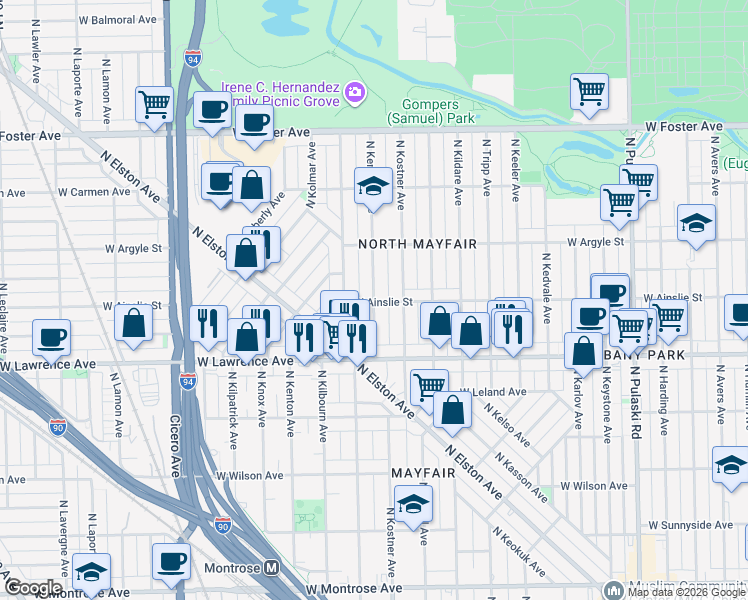 map of restaurants, bars, coffee shops, grocery stores, and more near 4900 West Ainslie Street in Chicago
